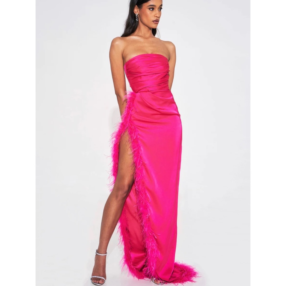 Miss Circle Perrin Fuchsia Pink Feather Dress High Slit Gown